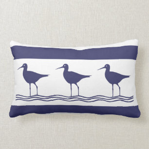 navy BLUE SAND PIPER white  PILLOW coastal