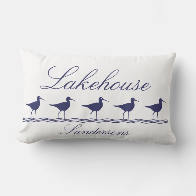 Navy Blue Sandpiper Bird Lakehouse Lumbar Cushion (Front)