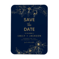 Navy Blue Save the Date Floral Gold Foil