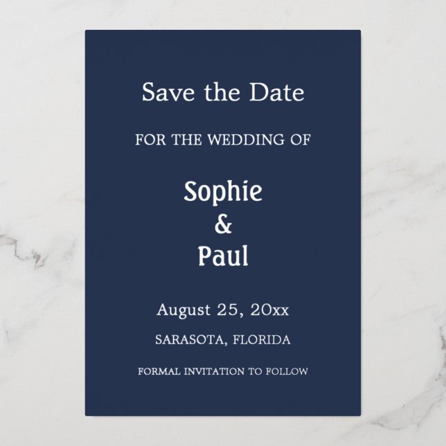 Navy Blue Save the Date Foil Invitation (Front)