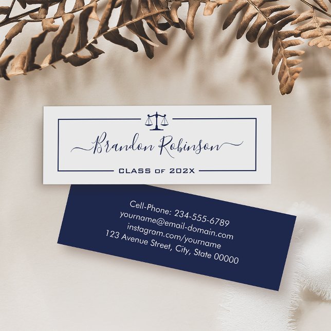 Navy Blue Scales of Justice Law School Graduate Mini Business Card (Creator Uploaded)