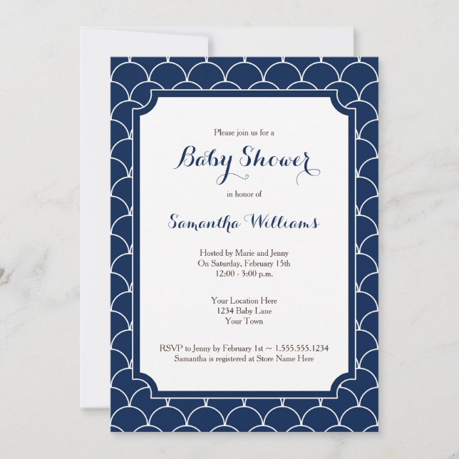 Navy Blue Scallop Pattern Baby Shower Invitation (Front)