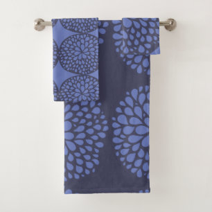 Navy Blue Scandi Modern Abstract Floral  Bath Towel Set