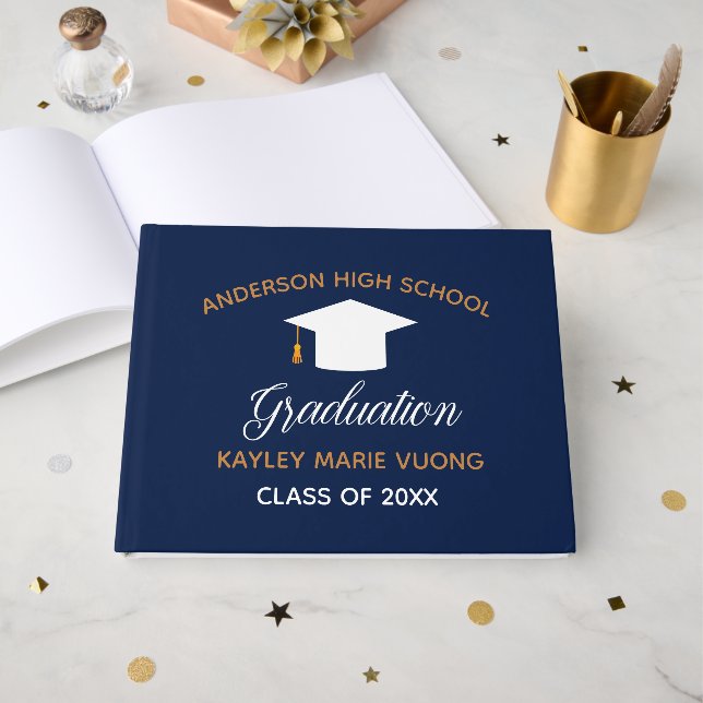 Navy Blue School Graduation Autograph 2025 Custom Guest Book (Front Open)