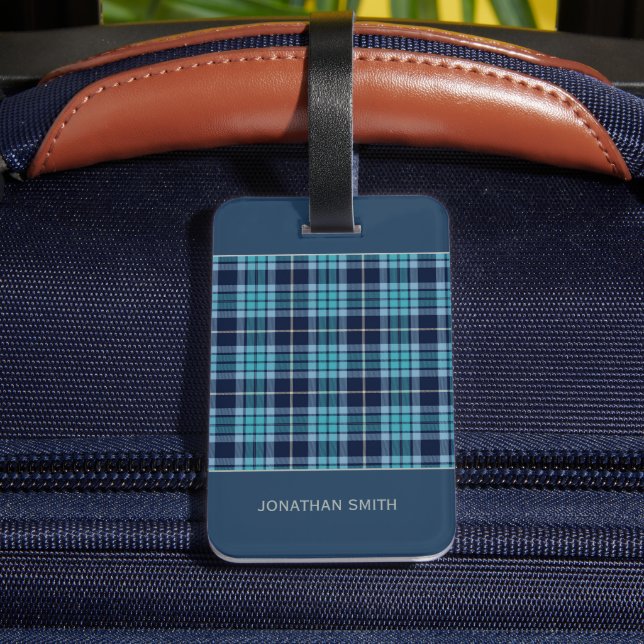 Navy Blue Scottish Tartan Pattern Luggage Tag (Back Insitu 4)