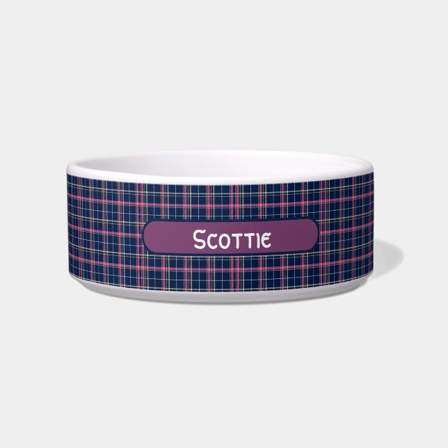 Navy Blue Scottish Tartan Plaid Pink White Stripe Bowl (Front)