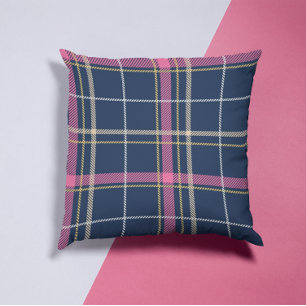 Navy Blue Scottish Tartan Plaid Pink White Stripe Cushion