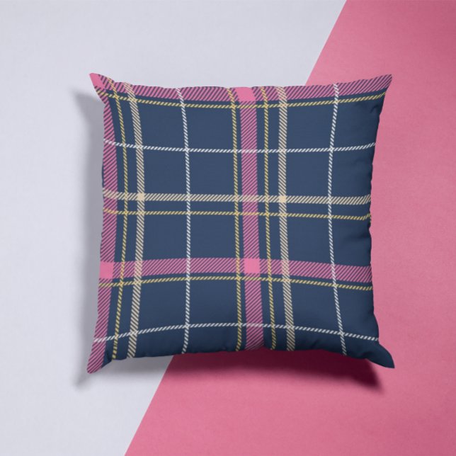 Navy Blue Scottish Tartan Plaid Pink White Stripe Cushion (Creator Uploaded)