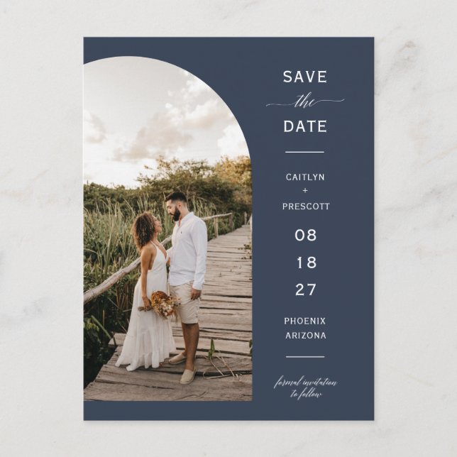 Navy Blue Script Arch Photo QR Code Save the Date Postcard (Front)
