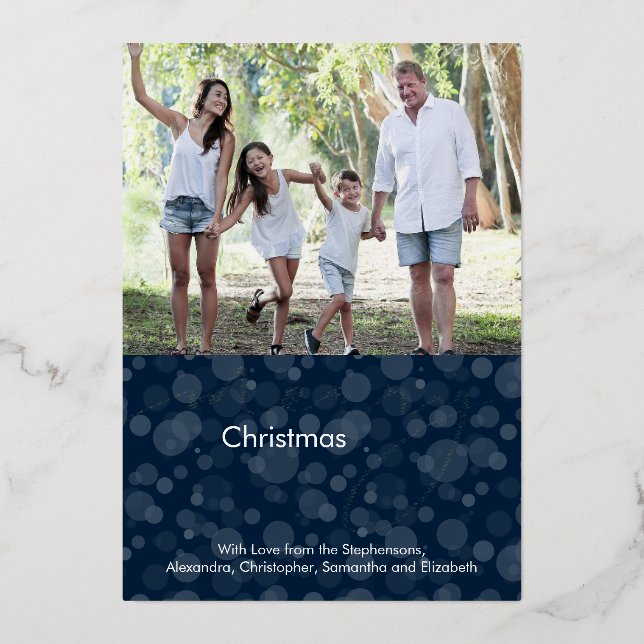 Navy Blue Script Bokeh Merry Christmas Photo Foil Holiday Card (Front)