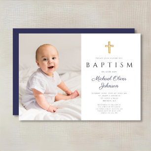 Navy Blue Script Cross Boy Photo Baptism Invitation