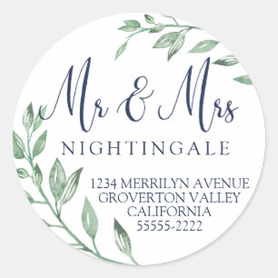 Navy Blue Script Green Vine Wedding Return Address Classic Round Sticker