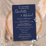 Navy Blue Script Guest Wedding Weekend Program<br><div class="desc">Elegant navy blue signature script wedding weekend program featuring signature style names. Personalise with your wedding weekend details set in chic white lettering. Designed by Thisisnotme©</div>