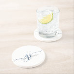 Navy Blue Script Initials Monogram Minimalist  Coaster<br><div class="desc">A chic modern stylish navy blue script initials monogram,  with a dramatic script initial with swashes and your full name in a modern serif type, </div>