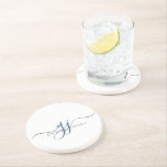 Navy Blue Script Initials Monogram Minimalist  Coaster<br><div class="desc">A chic modern stylish navy blue script initials monogram,  with a dramatic script initial with swashes and your full name in a modern serif type, </div>