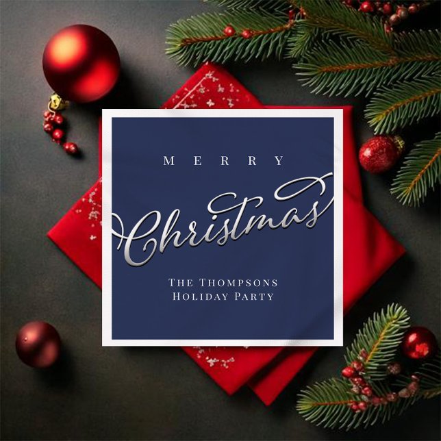 Navy Blue Script Merry Christmas Custom  Napkin (Merry Christmas navy blue custom napkin)