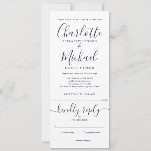 Navy Blue Script Minimalist All In One Wedding Invitation