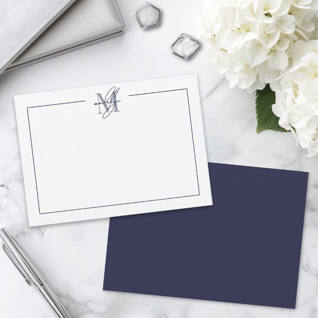 Navy Blue Script Minimalist Monogram Card (Navy Blue Simple Minimalist Name Monogram Note Card )