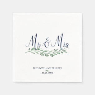 Navy Blue Script Mr and Mrs Greenery Wedding Napkin