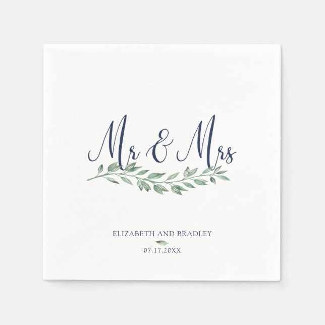 Navy Blue Script Mr and Mrs | Greenery Wedding Napkin (Front)