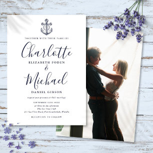 Navy Blue Script Nautical Anchor Photo Wedding Invitation