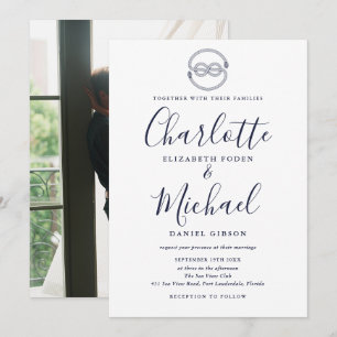 Navy Blue Script Nautical Knot Photo Wedding Invitation