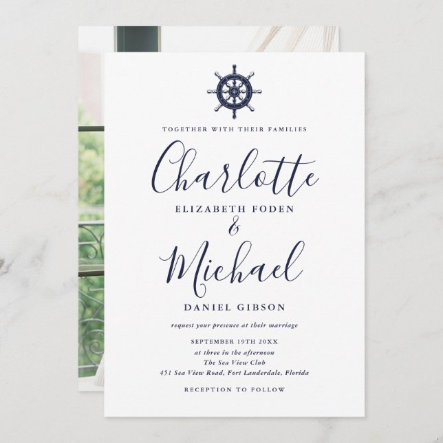 Navy Blue Script Nautical Ship Wheel Photo Wedding Invitation (Front/Back)