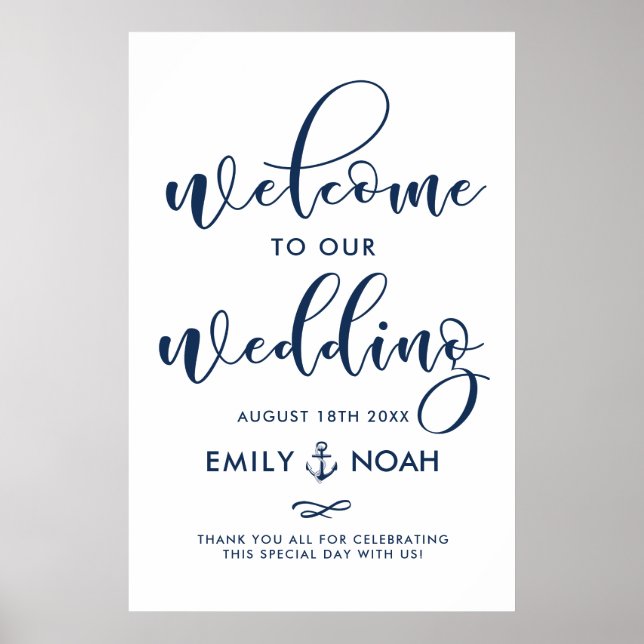 Navy Blue Script Nautical Wedding Welcome Sign II (Front)