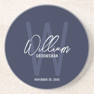 Navy Blue Script Personalised Groomsman's Name Coaster