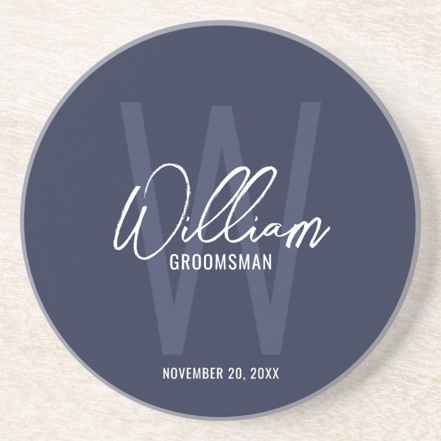 Navy Blue Script Personalised Groomsman's Name Coaster (Front)