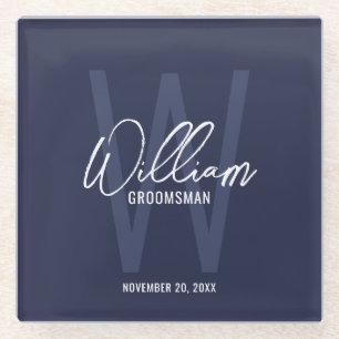 Navy Blue Script Personalised Groomsman's Name Glass Coaster