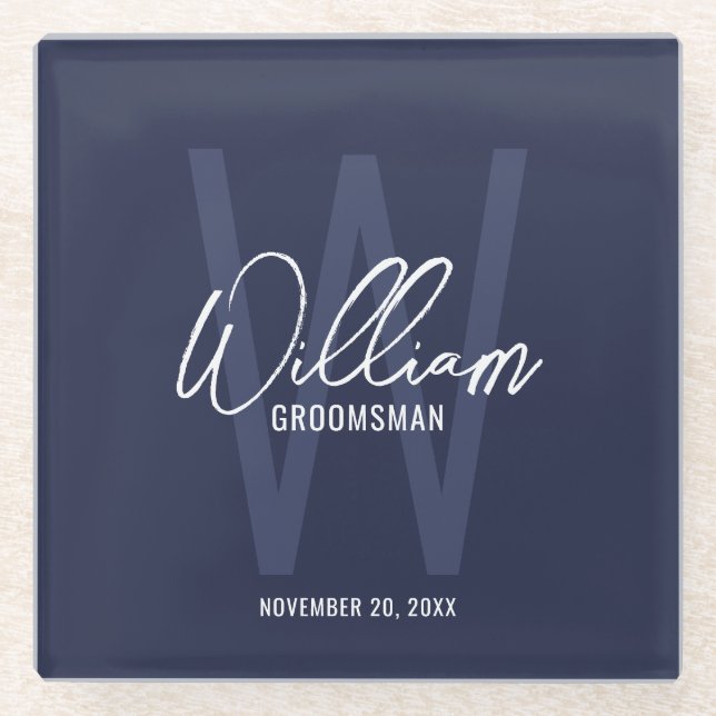 Navy Blue Script Personalised Groomsman's Name Glass Coaster (Front)