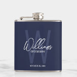 Navy Blue Script Personalised Groomsman's Name Hip Flask<br><div class="desc">Modern Minimalist Personalised Monogram and Name Gifts This design features personalised groomsman's name in white modern handwriting script font style and monogram in light navy blue modern sans serif font style as background, with wedding details in white modern sans serif font style, on navy blue background. Also perfect for best...</div>