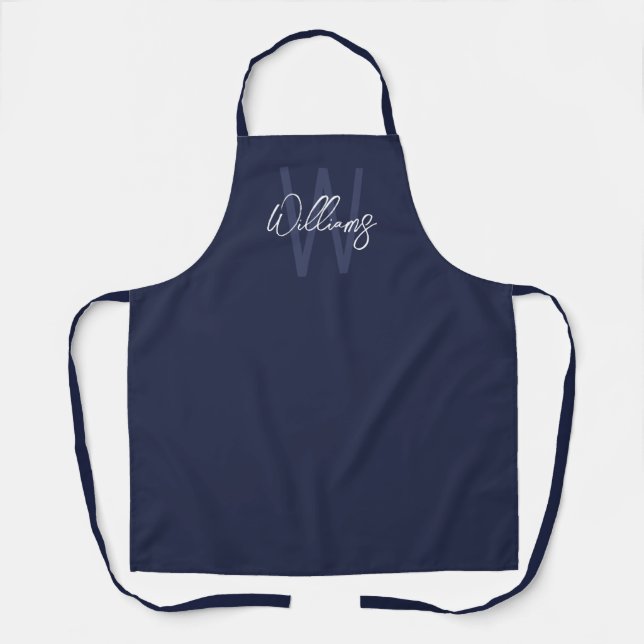 Navy Blue Script Personalised Monogram and Name Apron (Front)
