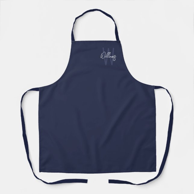 Navy Blue Script Personalised Monogram and Name Apron (Front)