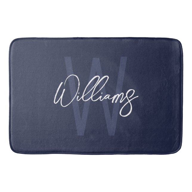 Navy Blue Script Personalised Monogram and Name Bath Mat (Front)