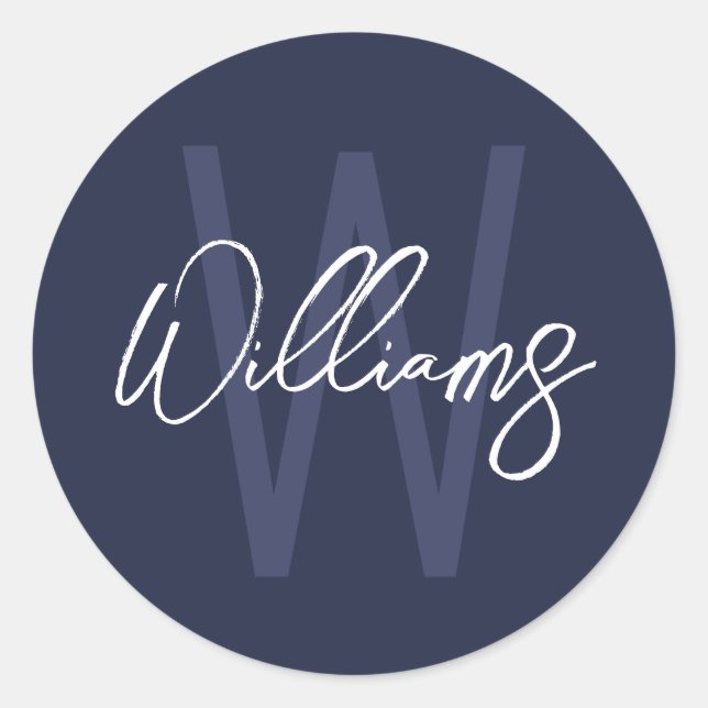 Navy Blue Script Personalised Monogram and Name Classic Round Sticker (Front)