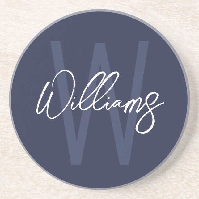 Navy Blue Script Personalised Monogram and Name Coaster (Front)