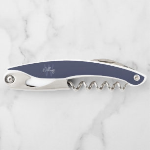 Navy Blue Script Personalised Monogram and Name Corkscrew