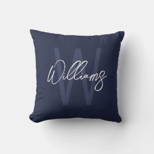Navy Blue Script Personalised Monogram and Name Cushion