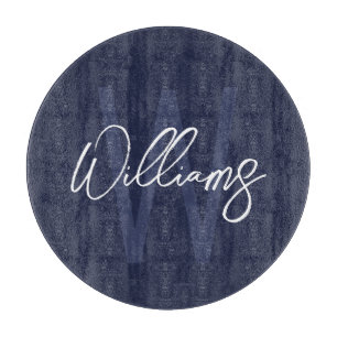 Navy Blue Script Personalised Monogram and Name Cutting Board