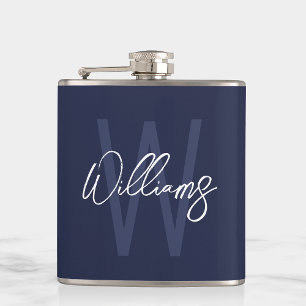 Navy Blue Script Personalised Monogram and Name Hip Flask
