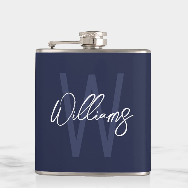Navy Blue Script Personalised Monogram and Name Hip Flask (Creator Uploaded)