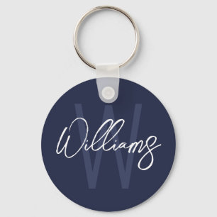 Navy Blue Script Personalised Monogram and Name Key Ring