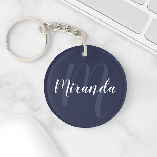Navy Blue Script Personalised Monogram and Name Key Ring