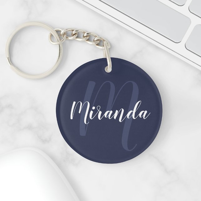 Navy Blue Script Personalised Monogram and Name Key Ring (Creator Uploaded)
