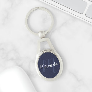 Navy Blue Script Personalised Monogram and Name Key Ring