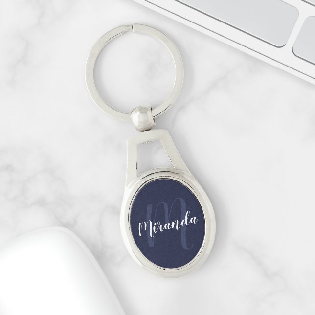 Navy Blue Script Personalised Monogram and Name Key Ring (Creator Uploaded)