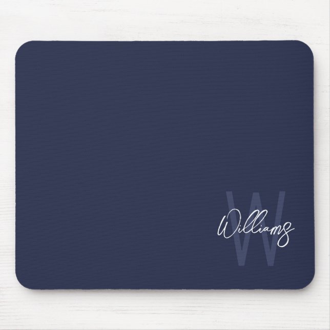Navy Blue Script Personalised Monogram and Name Mouse Pad (Front)
