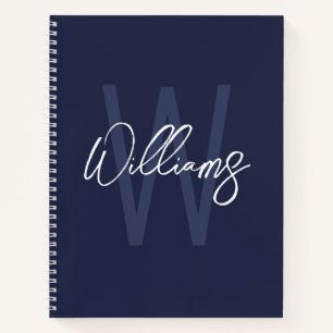 Navy Blue Script Personalised Monogram and Name Notebook